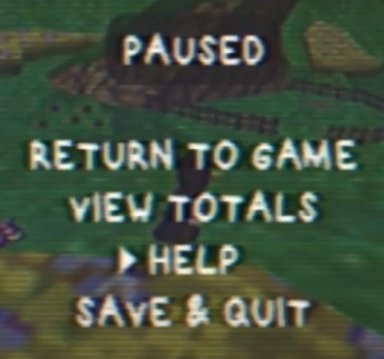 Pause Screen. Says:

PAUSED

RETURN TO GAME
VIEW TOTALS
HELP
SAVE & QUIT
