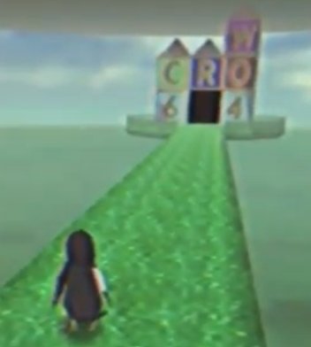 Mr. Crow stands on a long platform under the stage, leading to a building made of letter blocks spelling out "Crow 64".