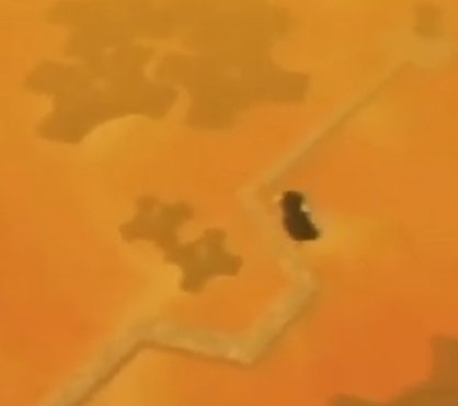 Mr. Crow falls through a lava level. There is a pathway and several rotating gears.